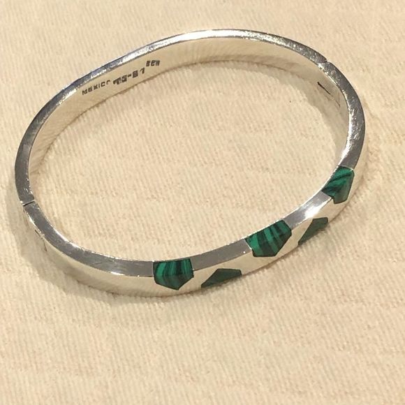 Vintage TAXCO Malachite Sterling Silver Hinged Bangle - Picture 10 of 13